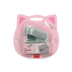Legami - Mini Agrafeuse, Meow, 3,3x4,5 cm, Plastique, Thème Chaton, Ejecteur de Points Incorporé au Dos, 1000 Points Métalliques