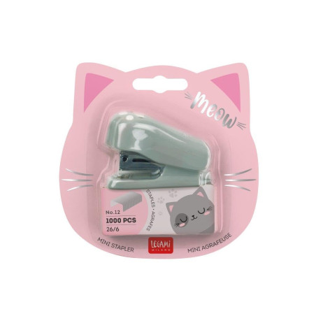 Legami - Mini Agrafeuse, Meow, 3,3x4,5 cm, Plastique, Thème Chaton, Ejecteur de Points Incorporé au Dos, 1000 Points Métalliques