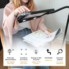 FISHTEC - Loupe sur Pied Flexible - Grossissement 5X, Surface 22,5x18 cm, 12 LED 50 Lumens, Haute 160 cm, Idéale Lecture, Coutur