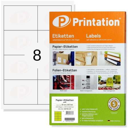 Printation Étiquettes d'adresse 97 x 67,7 mm autocollantes blanches - 800 étiquettes autocollantes d'expédition 97x67,7 sur 100