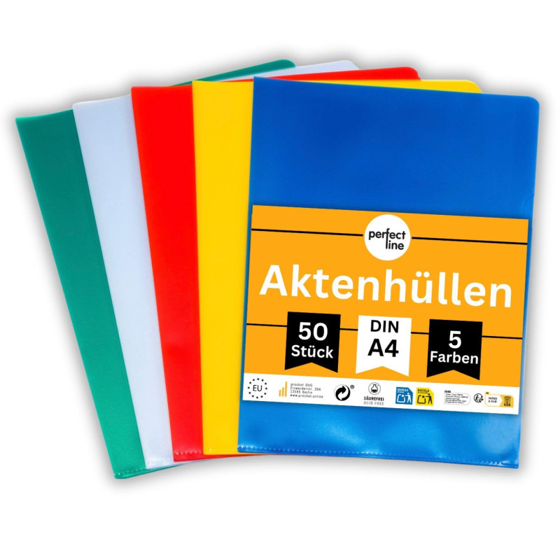 perfect line 50 pochette plastique A4 de classement, 5 couleurs, pochette plastique transparentes, grainées, indélébiles, Made i perfect line 50 pochette plastique A4 de classement, 5 couleurs, pochette plastique transparentes, grainées, indélébiles, Made i