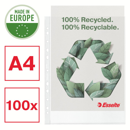 Esselte Pochettes Esselte Recycle A4, PP Gaufré Robuste, 70 Microns, Pochettes Plastiques Perforées, Paquet de 100, 627493
