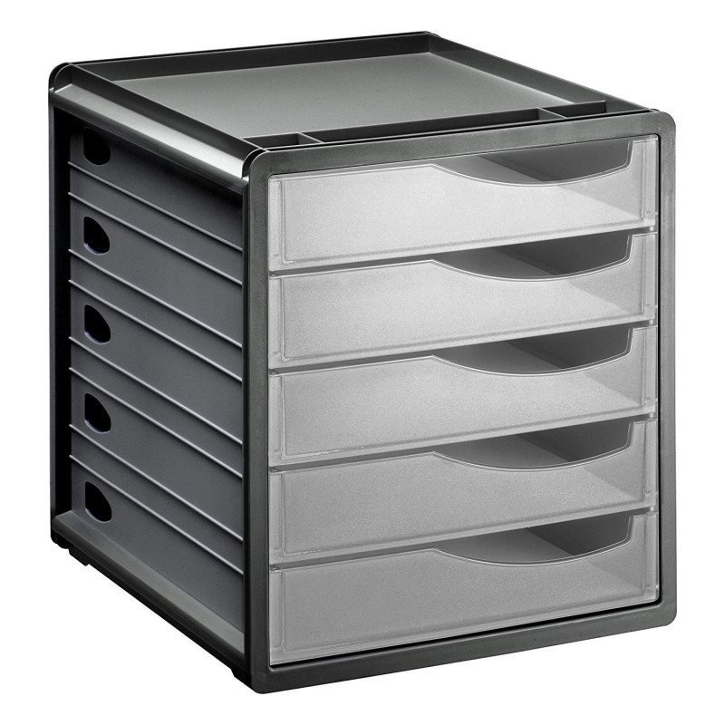 Rotho Spacemaker Boîte à Tiroirs / Boîte de Bureau à 5 Tiroirs, Plastique (Ps) sans BPA, Transparent / Noir, 33,5 X 28,5 X 32,0 