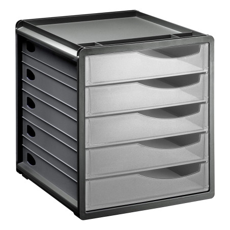 Rotho Spacemaker Boîte à Tiroirs / Boîte de Bureau à 5 Tiroirs, Plastique (Ps) sans BPA, Transparent / Noir, 33,5 X 28,5 X 32,0