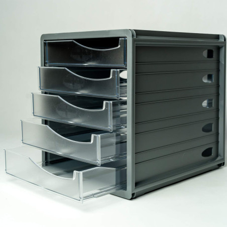 Rotho Spacemaker Boîte à Tiroirs / Boîte de Bureau à 5 Tiroirs, Plastique (Ps) sans BPA, Transparent / Noir, 33,5 X 28,5 X 32,0