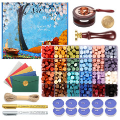 Comealltime Kit de cachet de cire avec coffret cadeau, 624 perles à cacheter de 24 couleurs, 1 tampon d'abeille, chauffe-cire, s