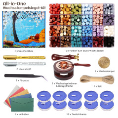 Comealltime Kit de cachet de cire avec coffret cadeau, 624 perles à cacheter de 24 couleurs, 1 tampon d'abeille, chauffe-cire, s