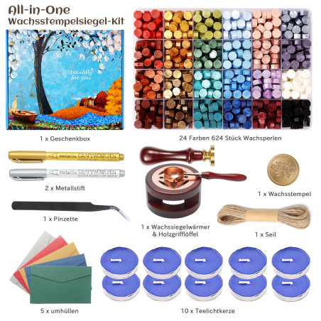 Comealltime Kit de cachet de cire avec coffret cadeau, 624 perles à cacheter de 24 couleurs, 1 tampon d'abeille, chauffe-cire, s