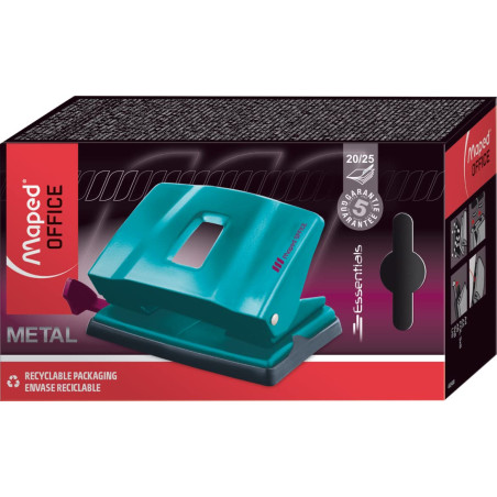Maped Office - Perforateur Décoré 2 Trous Essentials Métal - Pour 20 à 25 Feuilles - Mécanisme 100% Métal - Avec Réglette et Rés