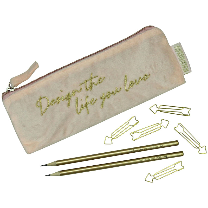 Papierdrachen Trousse en Velours - Elégante Trousse à Crayons en Poudre avec Un Slogan motivant, 2 Crayons et 5 Paper Clips doré Papierdrachen Trousse en Velours - Elégante Trousse à Crayons en Poudre avec Un Slogan motivant, 2 Crayons et 5 Paper Clips doré
