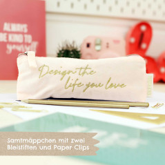 Papierdrachen Trousse en Velours - Elégante Trousse à Crayons en Poudre avec Un Slogan motivant, 2 Crayons et 5 Paper Clips doré
