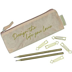 Papierdrachen Trousse en Velours - Elégante Trousse à Crayons en Poudre avec Un Slogan motivant, 2 Crayons et 5 Paper Clips doré