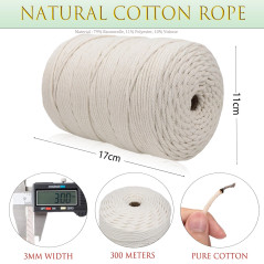 DXRPO Corde Macramé 3mm x 300m de 4-Ply Naturel Coton, pour Rideau Macramé, Bricolage Decoration Murale(Beige)