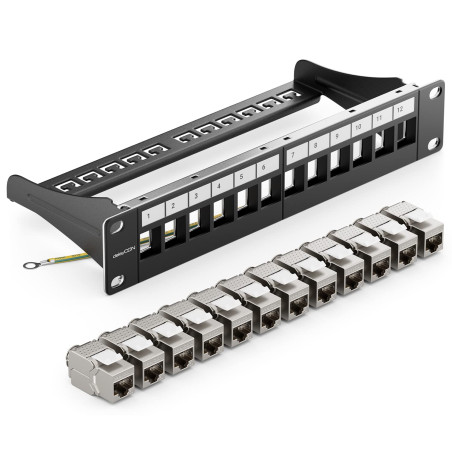 deleyCON Kit de 12 Ports Panneau de Brassage Modulaire 1 U 10" Installation en Rack + 12x Modules Keystone RJ45 CAT6a Compatible