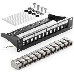 deleyCON Kit de 12 Ports Panneau de Brassage Modulaire 1 U 10" Installation en Rack + 12x Modules Keystone RJ45 CAT6a Compatible