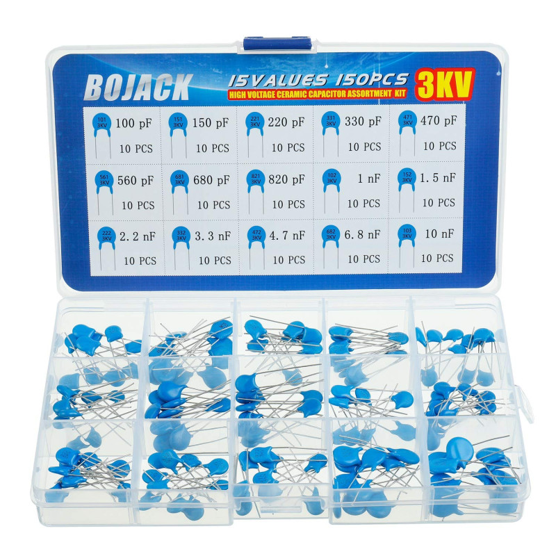 BOJACK 15 valeurs 150 pièces 3KV / 100 pF à 10 nF Kit d'assortiment de condensateurs céramiques DIP haute tension BOJACK 15 valeurs 150 pièces 3KV / 100 pF à 10 nF Kit d'assortiment de condensateurs céramiques DIP haute tension