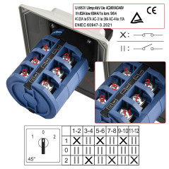 Heschen Commutateur rotatif universel SZW26-63/D404.4D 660V 63A ON-OFF-ON 3 positions 4 phases 4NO+4NC 16 bornes CE avec interru
