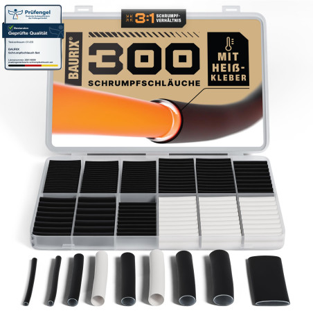 BAURIX® Kit de gaine thermorétractable 300 pièces - Rapport de rétraction 3:1 - Assortiment de tube thermorétractable étanche av