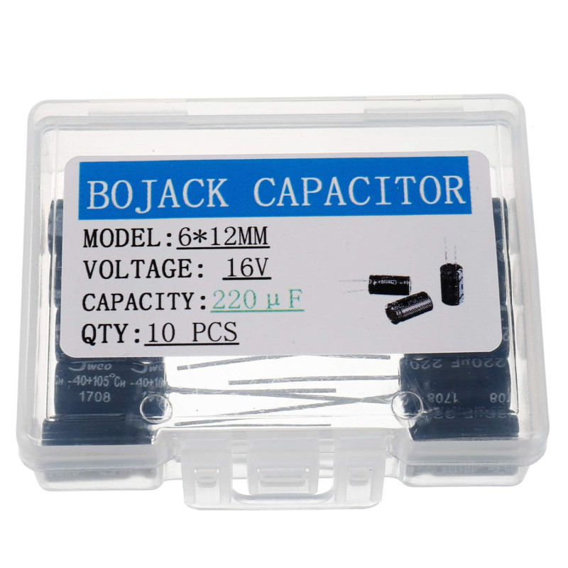 BOJACK 220uF 16V 6x12mm Condensateurs 220 MFD 16 Volts 0,24x0,47 pouce ± 20% Condensateurs électrolytiques en aluminium (paquet BOJACK 220uF 16V 6x12mm Condensateurs 220 MFD 16 Volts 0,24x0,47 pouce ± 20% Condensateurs électrolytiques en aluminium (paquet