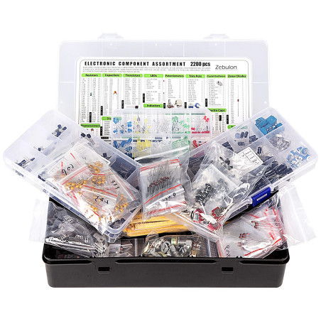 Assortiment de 2 200 composants électroniques - condensateurs, résistances, transistors, inducteurs, diodes, potentiomètres, cir