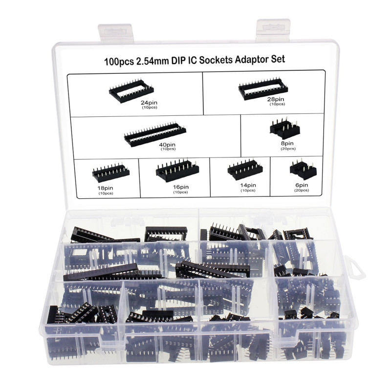 Aussel 100 pièces 2.54mm Pitch Dual Row DIP IC Sockets Solder Type Adapter Set 6, 8,14,16,18,24,28,40 Pin Aussel 100 pièces 2.54mm Pitch Dual Row DIP IC Sockets Solder Type Adapter Set 6, 8,14,16,18,24,28,40 Pin