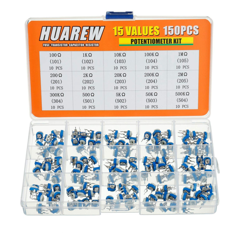 HUAREW 15 valeurs 150 pièces bleu et blanc résistance réglable potentiomètre à film de carbone 100 Ohm - 2 M Ohm 6 mm kit de cla HUAREW 15 valeurs 150 pièces bleu et blanc résistance réglable potentiomètre à film de carbone 100 Ohm - 2 M Ohm 6 mm kit de cla