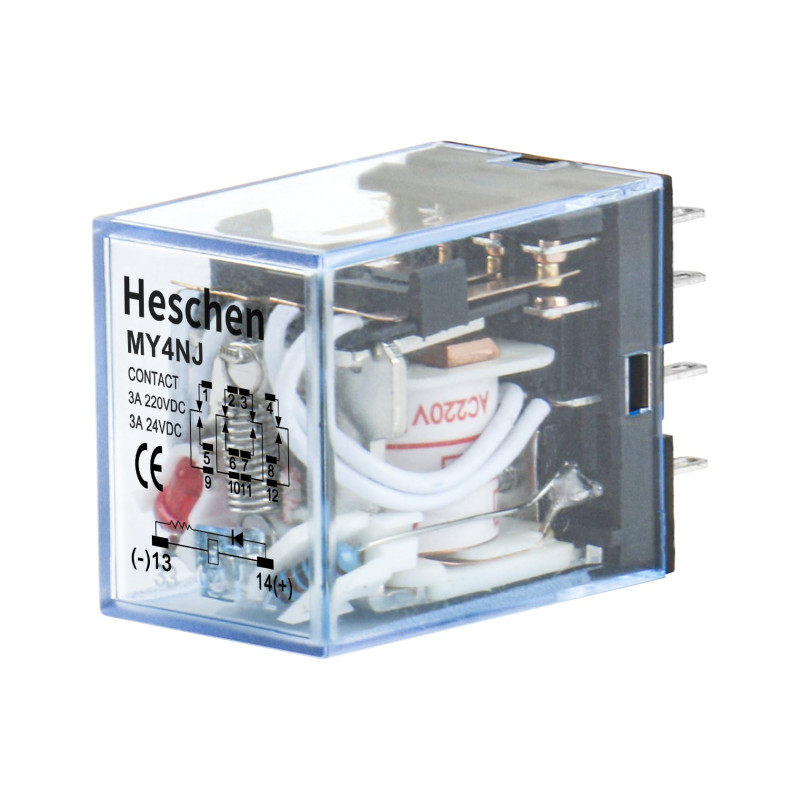 Heschen Gereral MY4NJ Relais de puissance à usage multiple, bobine 220 VAC 3 A, 220 VAC/24 VDC 4PDT Indicateur LED 14 broches te Heschen Gereral MY4NJ Relais de puissance à usage multiple, bobine 220 VAC 3 A, 220 VAC/24 VDC 4PDT Indicateur LED 14 broches te