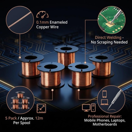 FTVOGUE 5 pièces 0.1mm 15m fil émaillé fil d'enroulement en cuivre pour téléphone portable réparation de carte mère