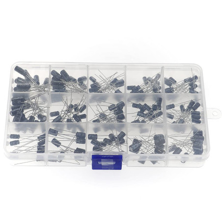 DollaTek 200PCS 15 Valeurs 10V, 16V, 25V, 50V Condensateurs électrolytiques Assortiment Box Gamme 0.1uF à 220uF