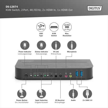 DIGITUS Commutateur KVM HDMI – 2 ports, affichage unique – 2 PC, 1 moniteur – 1 souris, clavier et audio pour 2 ordinateurs – UH