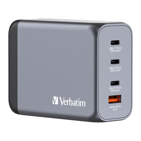 Verbatim Chargeur GaN de 200W, Chargeur USB-C à 4 Ports, Adaptateur Secteur avec 3 x USB-C et 1 x USB-A, Chargeur Rapide multipr