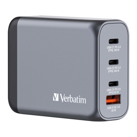 Verbatim Chargeur GaN de 100W, Chargeur USB-C à 4 Ports, Adaptateur Secteur avec 3 x USB-C et 1 x USB-A, Chargeur Rapide multipr