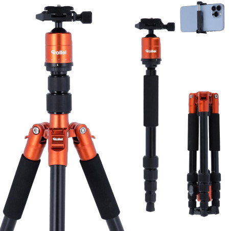 Rollei Compact Traveler No.1 Orange, 143cm Trépied Appareil Photo Léger en Aluminium Trepied de Voyage avec Rotule Compatible Ar