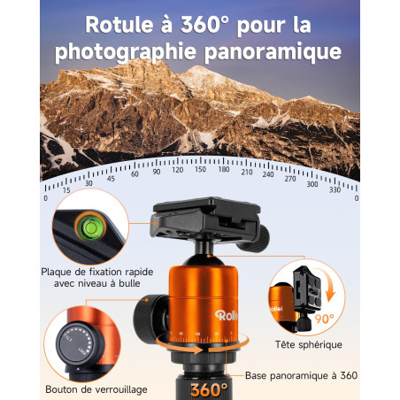 Rollei Compact Traveler No.1 Orange, 143cm Trépied Appareil Photo Léger en Aluminium Trepied de Voyage avec Rotule Compatible Ar