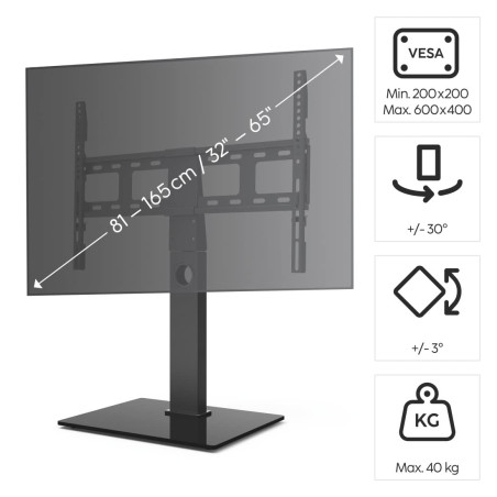 Hama Support TV sur Pied Pivotant 60° Réglable en Hauteur Garantie 10ans (Socle pour TV 32 à 65 Pouces, Base en Verre trempé, Ca