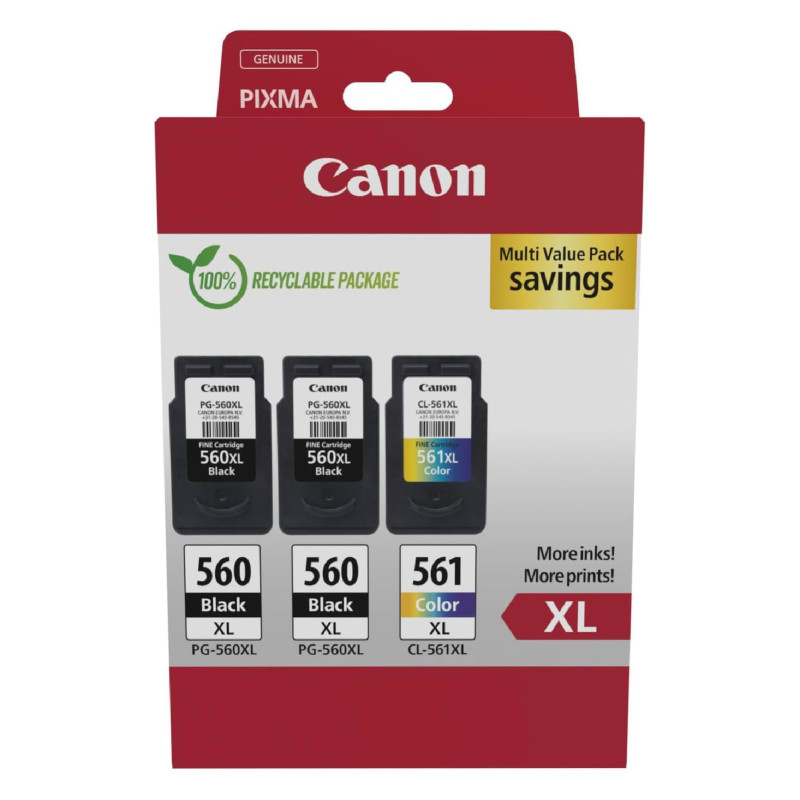 Canon PG-560XL x 2 / CL-561XL Cartouches d'encre Authentiques à Haut rendement, Lot de 3 (2 x Noir, 1 x Couleur) - Carton Multip Canon PG-560XL x 2 / CL-561XL Cartouches d'encre Authentiques à Haut rendement, Lot de 3 (2 x Noir, 1 x Couleur) - Carton Multip