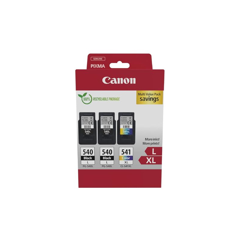 Canon PG-540 L CL-541 XL Pack de 3 Cartouches Capacité XL (2 x Noir capacité L, 1 x Couleur capacité XL) certifié (Emballage Car Canon PG-540 L CL-541 XL Pack de 3 Cartouches Capacité XL (2 x Noir capacité L, 1 x Couleur capacité XL) certifié (Emballage Car