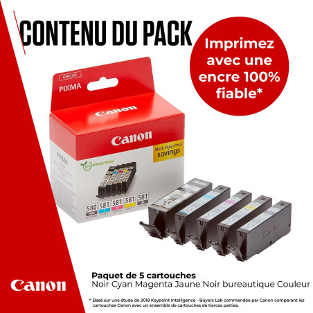 Canon Multipack Cartouche d'encre - PGI-580/CLI-581 Cartouches d'encre Authentiques pour imprimante - 5 Pack (1 x Noir, 1 x Cyan