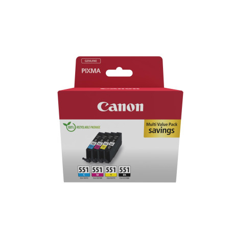 Canon CLI-551 C M Y BK Pack de 4 Cartouches (Noir Cyan Magenta Jaune) Certifié (Carton Recyclable 2024)
