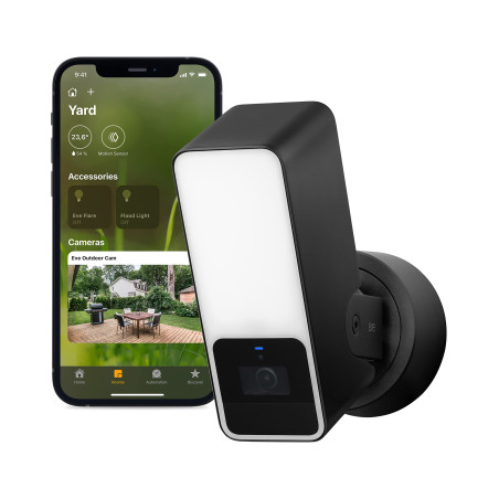 Eve Outdoor Cam – caméra projecteur sécurisée, sécurité et confidentialité maximales (HomeKit Secure Video), 1080p, vision noctu