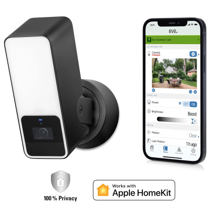 Eve Outdoor Cam – caméra projecteur sécurisée, sécurité et confidentialité maximales (HomeKit Secure Video), 1080p, vision noctu