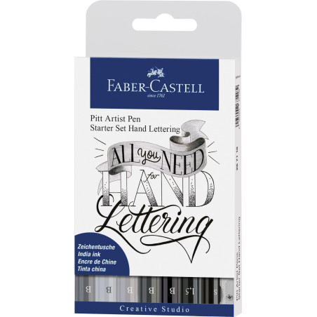 Faber-Castell 267118 - Crayons à encre de Chine Lettering Starter Set, 9 pièces, Pitt Artist Pens, crayon et taille-crayon inclu