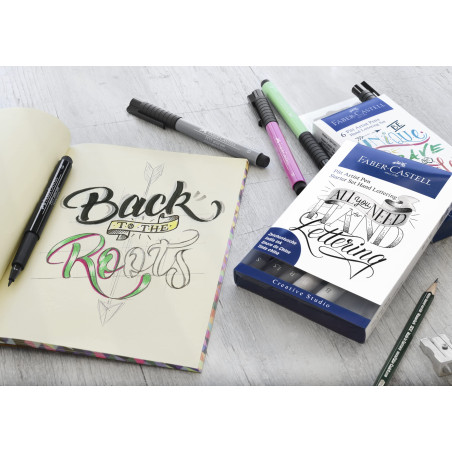 Faber-Castell 267118 - Crayons à encre de Chine Lettering Starter Set, 9 pièces, Pitt Artist Pens, crayon et taille-crayon inclu
