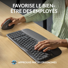 Logitech Wave Keys for Business, Clavier Ergonomique sans Fil avec Repose-Poignets rembourré, Technologie Logi Bolt sécurisée, B