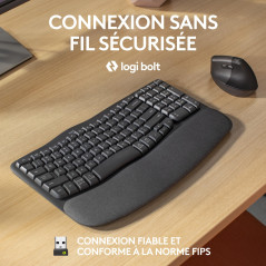 Logitech Wave Keys for Business, Clavier Ergonomique sans Fil avec Repose-Poignets rembourré, Technologie Logi Bolt sécurisée, B
