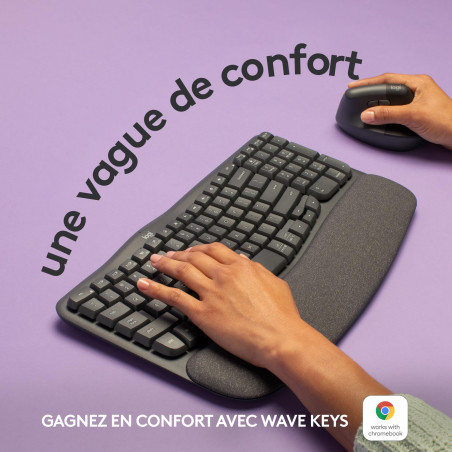 Logitech Wave Keys - Clavier Ergonomique sans Fil, Repose-Poignets rembourré, Frappe Naturelle econfortable, Easy-Switch, Blueto