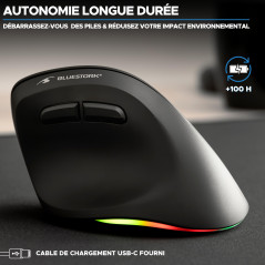 Bluestork - Souris sans Fil Ergonomique, Connexion 2.4 Ghz + Bluetooth, 800-2400 DPI, 6 Boutons, LED RGB - Souris Ergonomique Ve