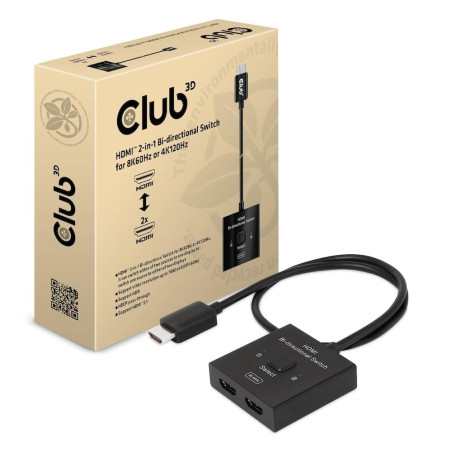 Club3D CSV-1384 HDMI™ Commutateur bi-directionnel 2 en 1 pour 8K60Hz ou 4K120Hz