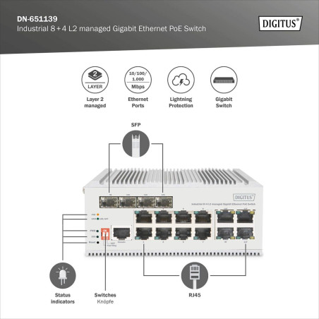 DIGITUS Commutateur réseau PoE - 12 Ports Gigabit Ethernet - 8X RJ45 + 4X SFP/RJ45 Combo - L2 administrable - 10/100/1000 Mbit/s