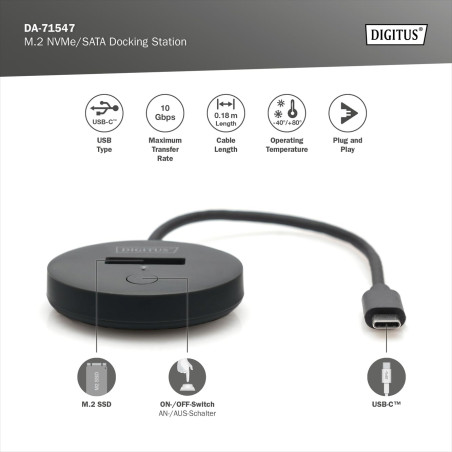 DIGITUS M.2 NVMe/SATA USB-C Dockingstation - USB 3.2 Gen2 - 10 Gbit/s - formats M.2 2242, 2260, 2280 & 22110 - capacité max. 4TB
